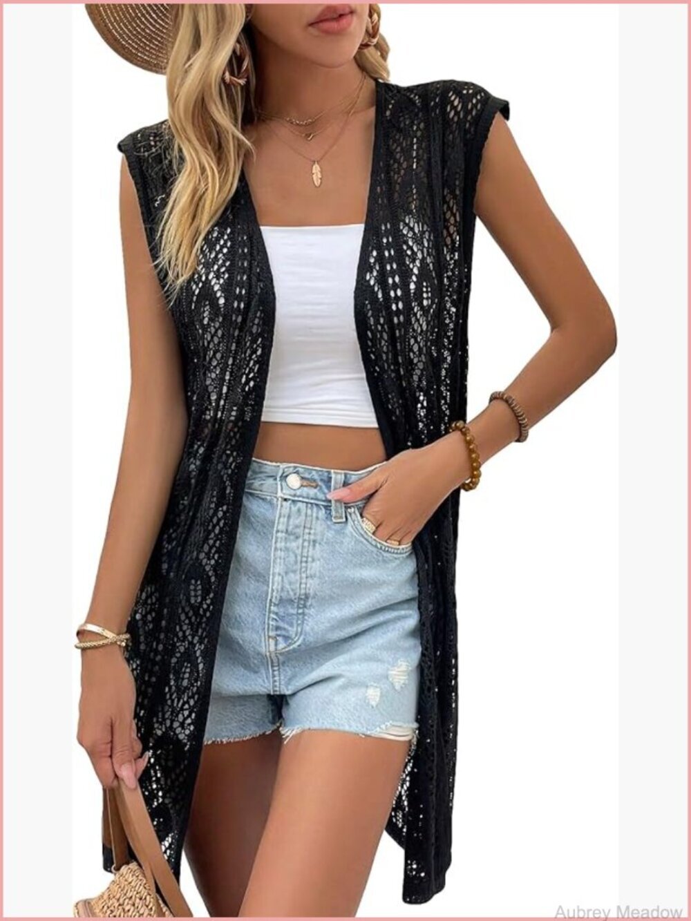 Sleeveless Crochet Long Cardigan Open Front Knit Cover Up Vest